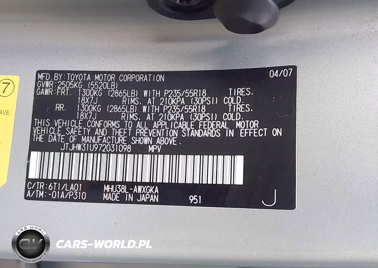 2007 Lexus Rx 400H VIN:JTJHW31U972031098 - 9