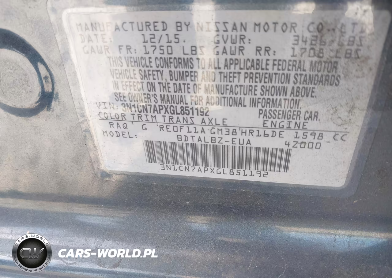 2016 Nissan Versa 1.6 S-1.6 S+-1.6 Sl-1.6 Sv VIN:3N1CN7APXGL851192 - 9