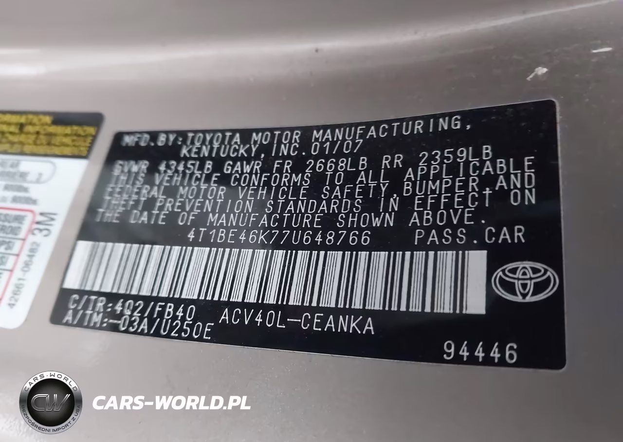 2007 Toyota Camry Le VIN:4T1BE46K77U648766 - 9