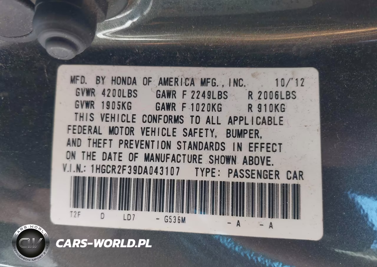 2013 Honda Accord Lx VIN:1HGCR2F39DA043107 - 9