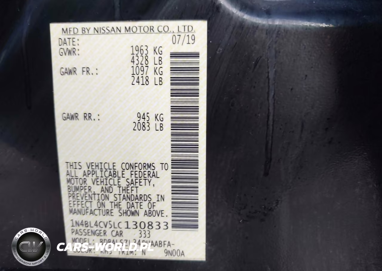 2020 Nissan Altima Sr Fwd VIN:1N4BL4CV5LC130833 - 9