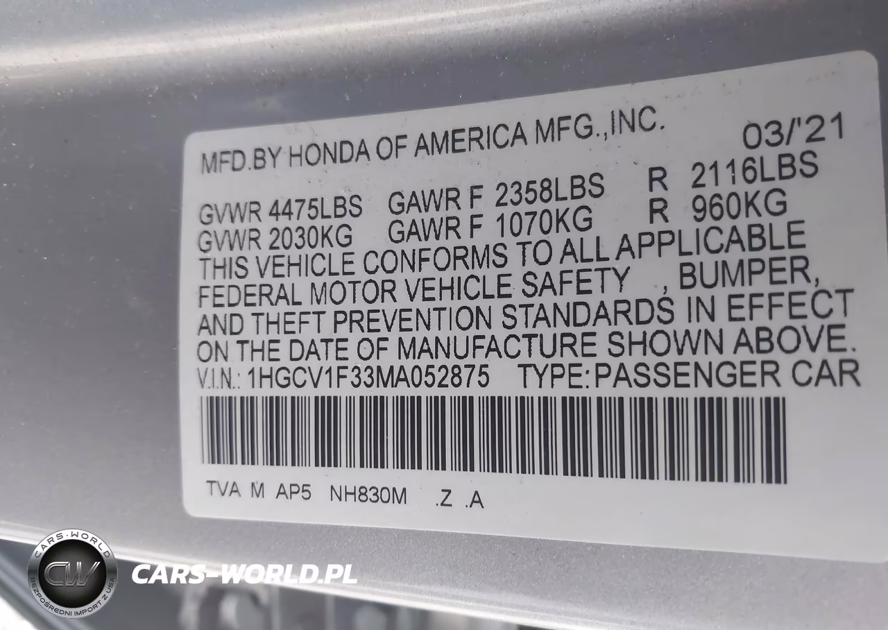 2021 Honda Accord Sport VIN:1HGCV1F33MA052875 - 9