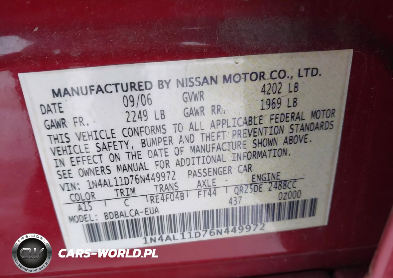 2006 Nissan Altima 2.5 S VIN:1N4AL11D76N449972 - 9