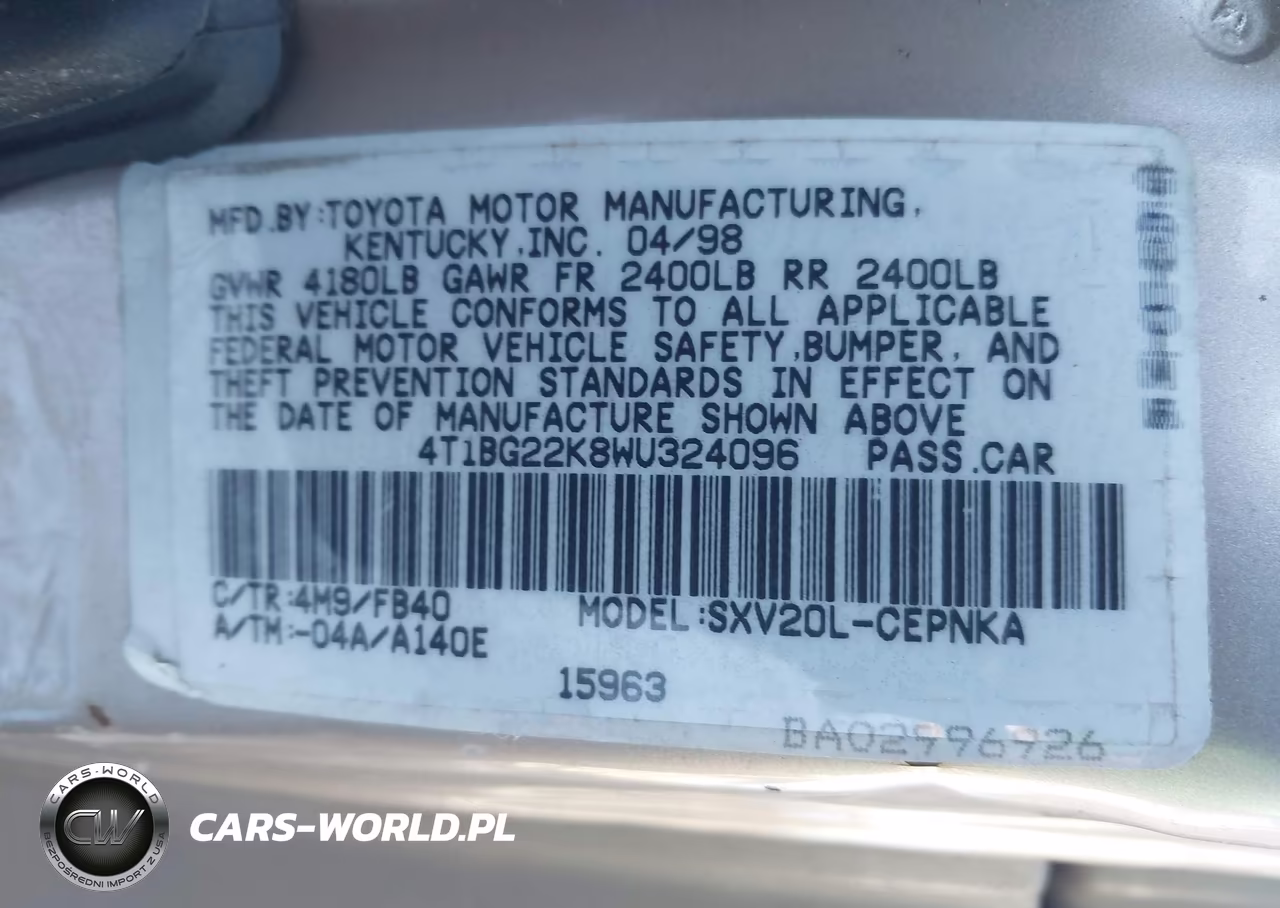 1998 Toyota Camry Le VIN:4T1BG22K8WU324096 - 9