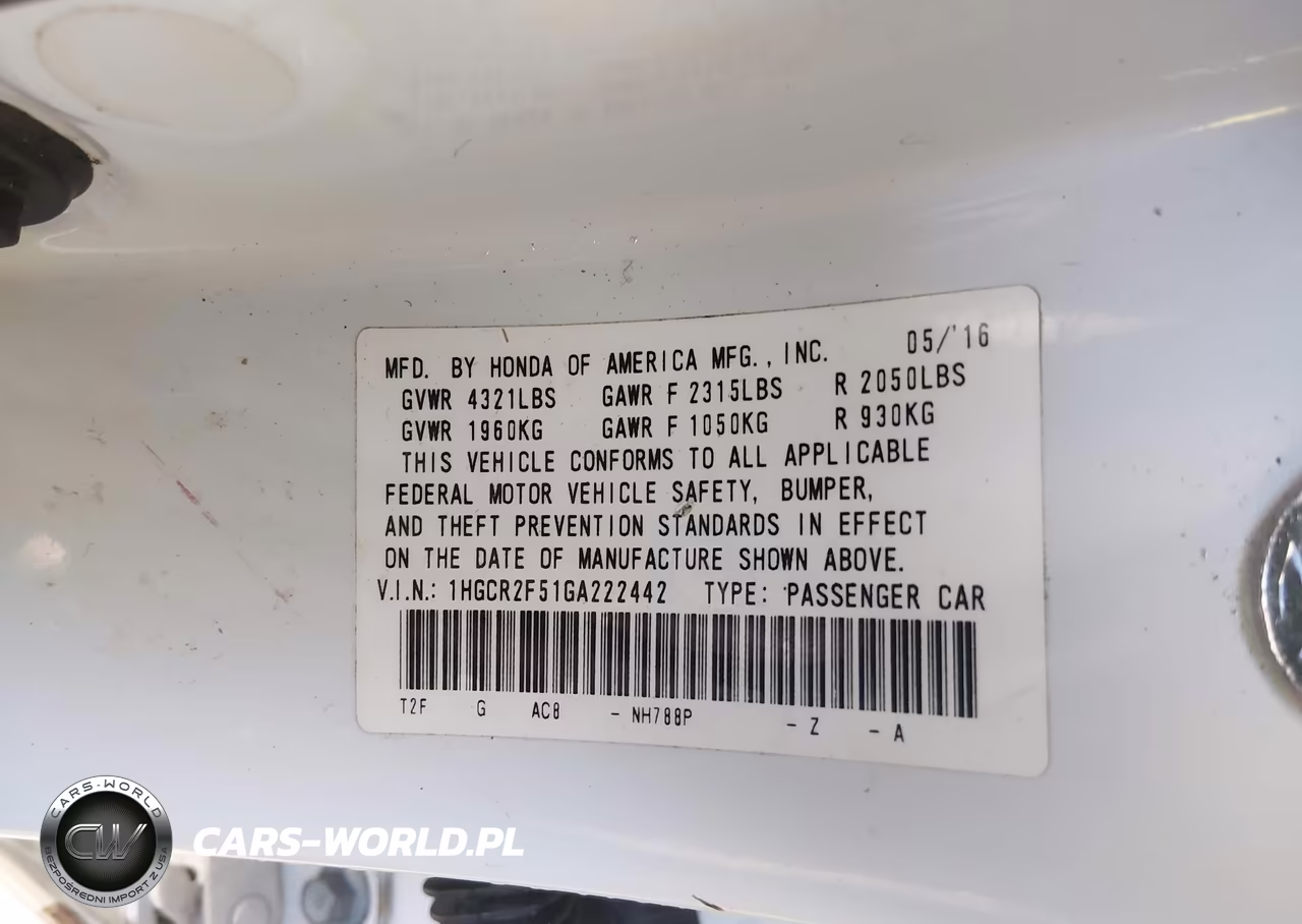 2016 Honda Accord Sport VIN:1HGCR2F51GA222442 - 9