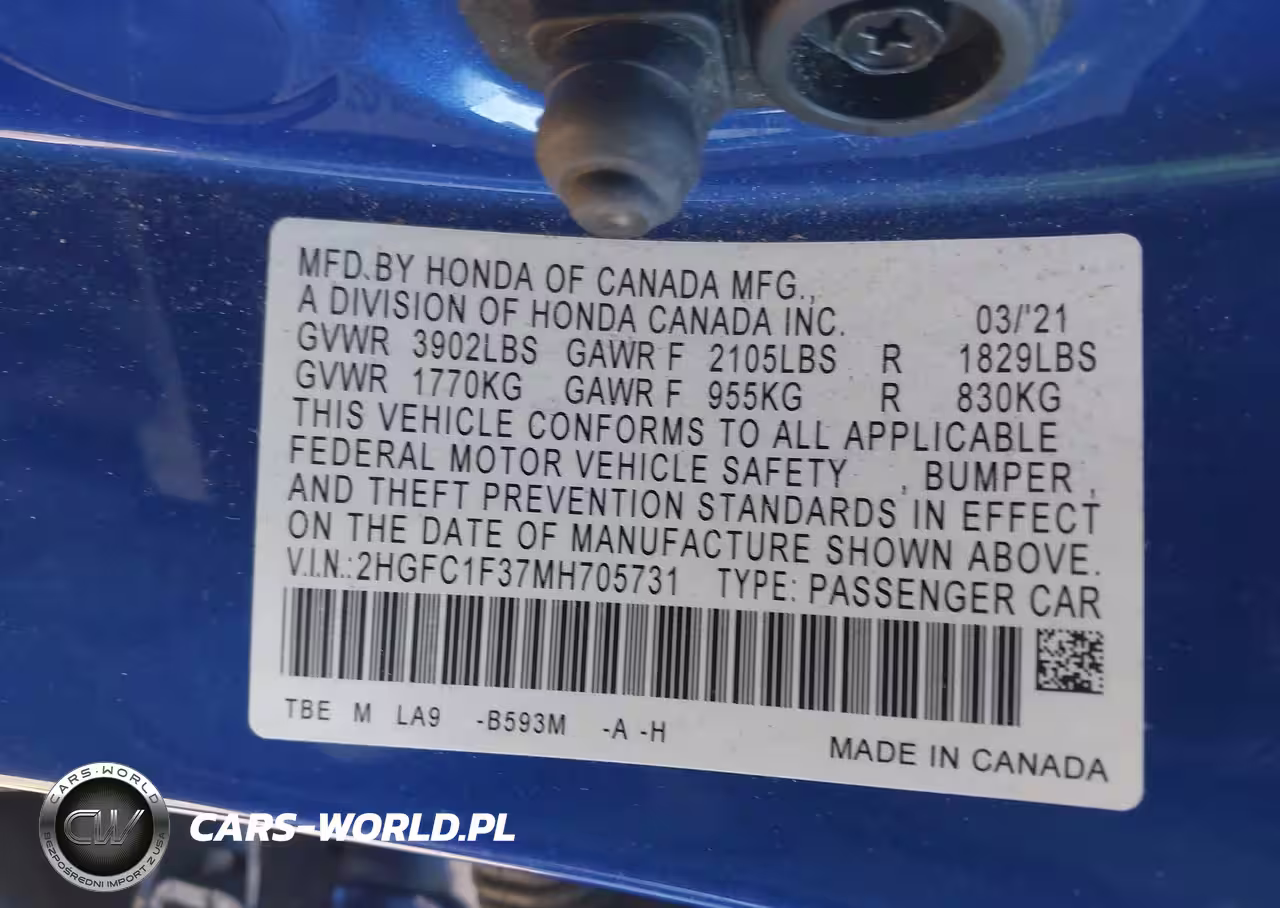 2021 Honda Civic Ex VIN:2HGFC1F37MH705731 - 9