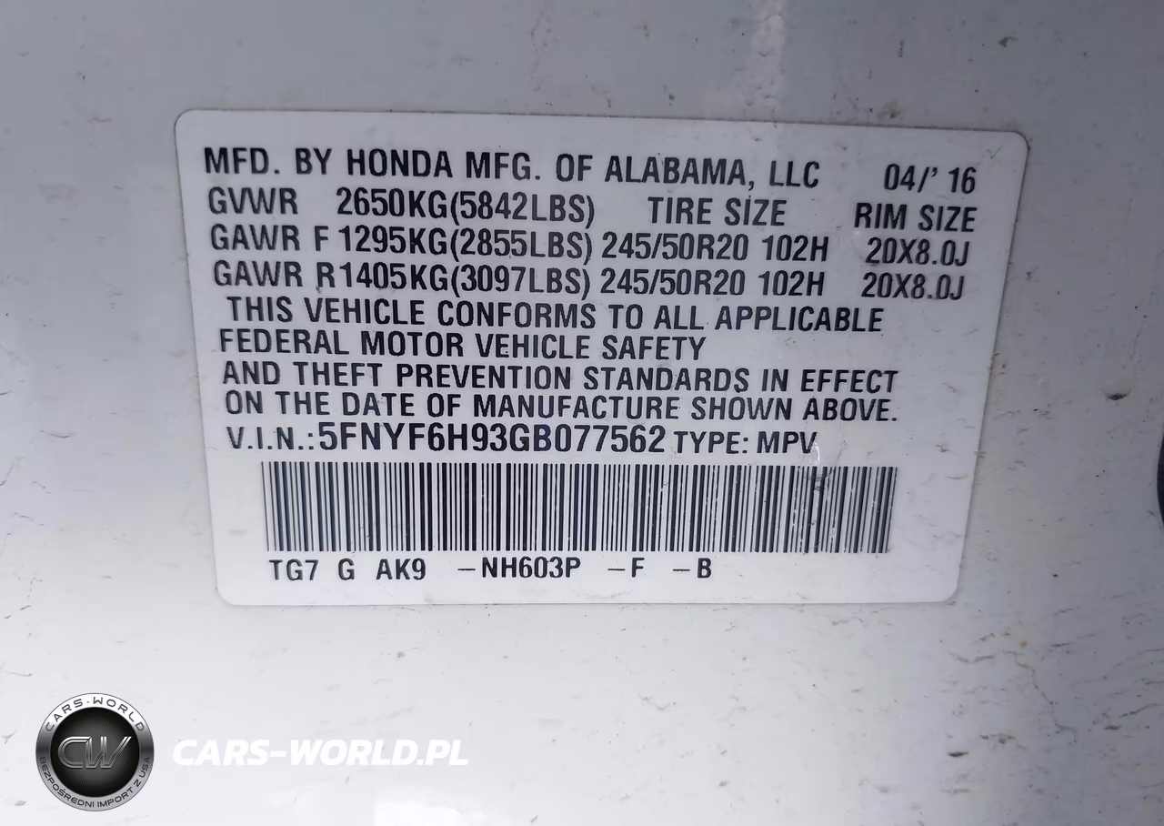 2016 Honda Pilot Touring VIN:5FNYF6H93GB077562 - 9