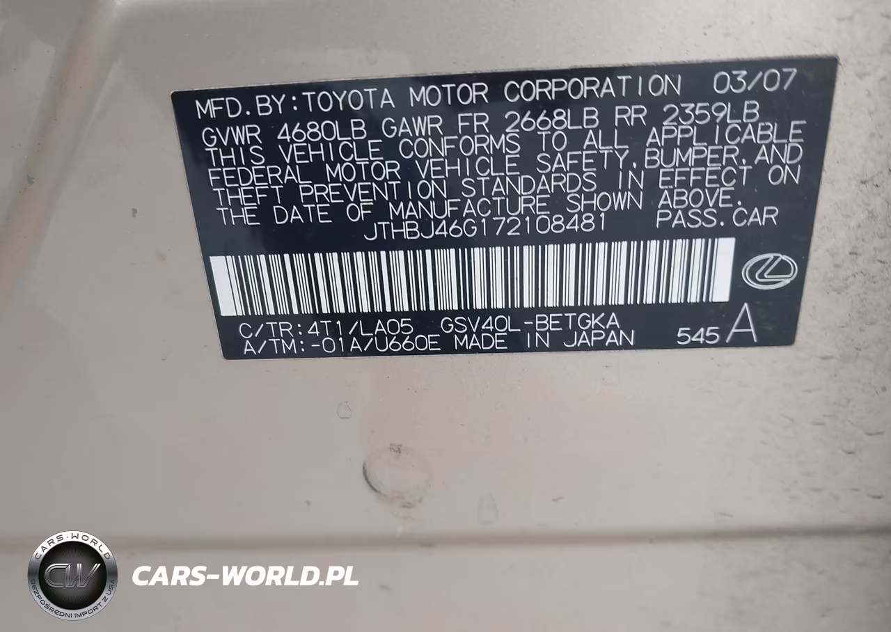 2007 Lexus Es 350 VIN:JTHBJ46G172108481 - 9