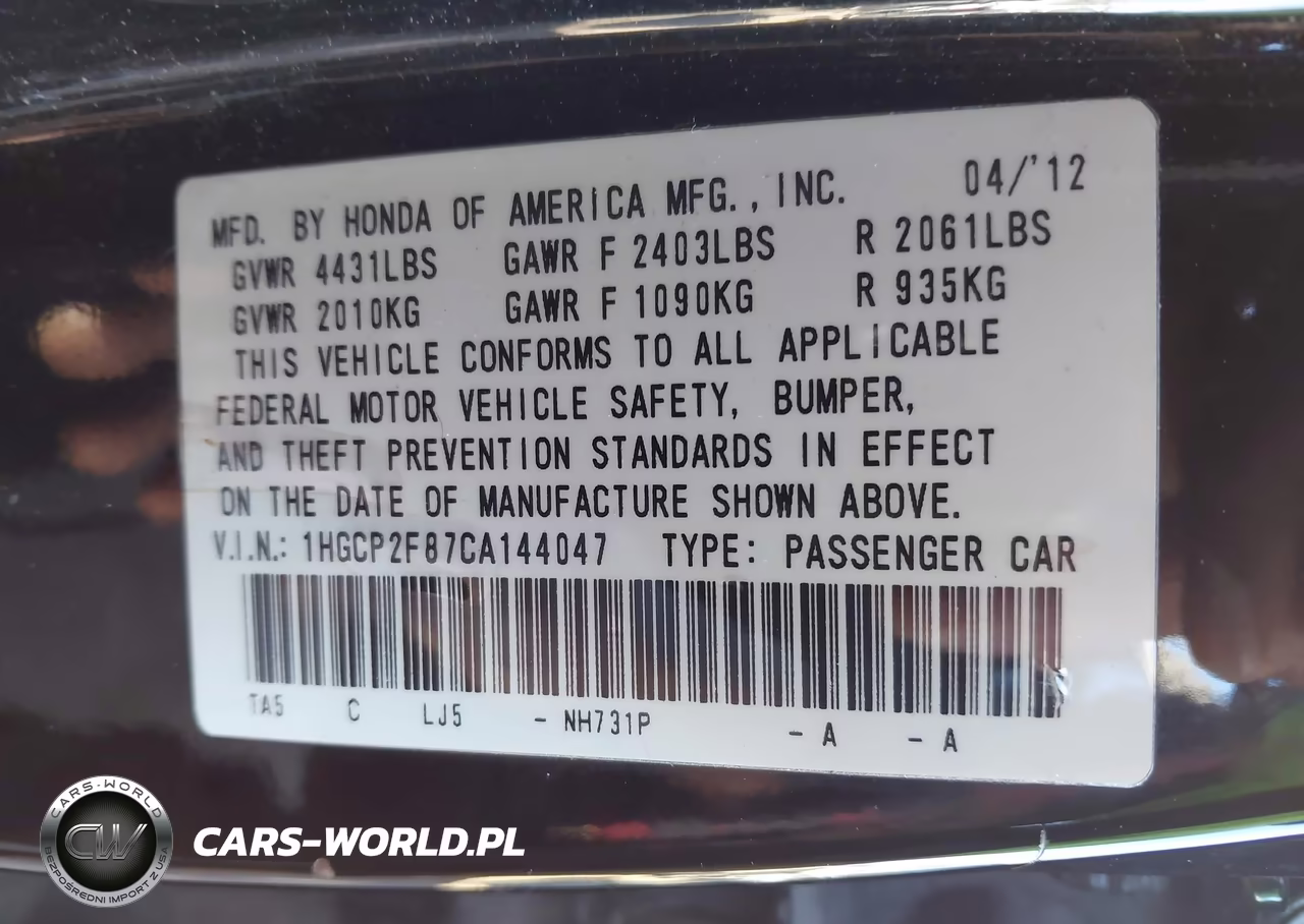 2012 Honda Accord 2.4 Ex-L VIN:1HGCP2F87CA144047 - 9