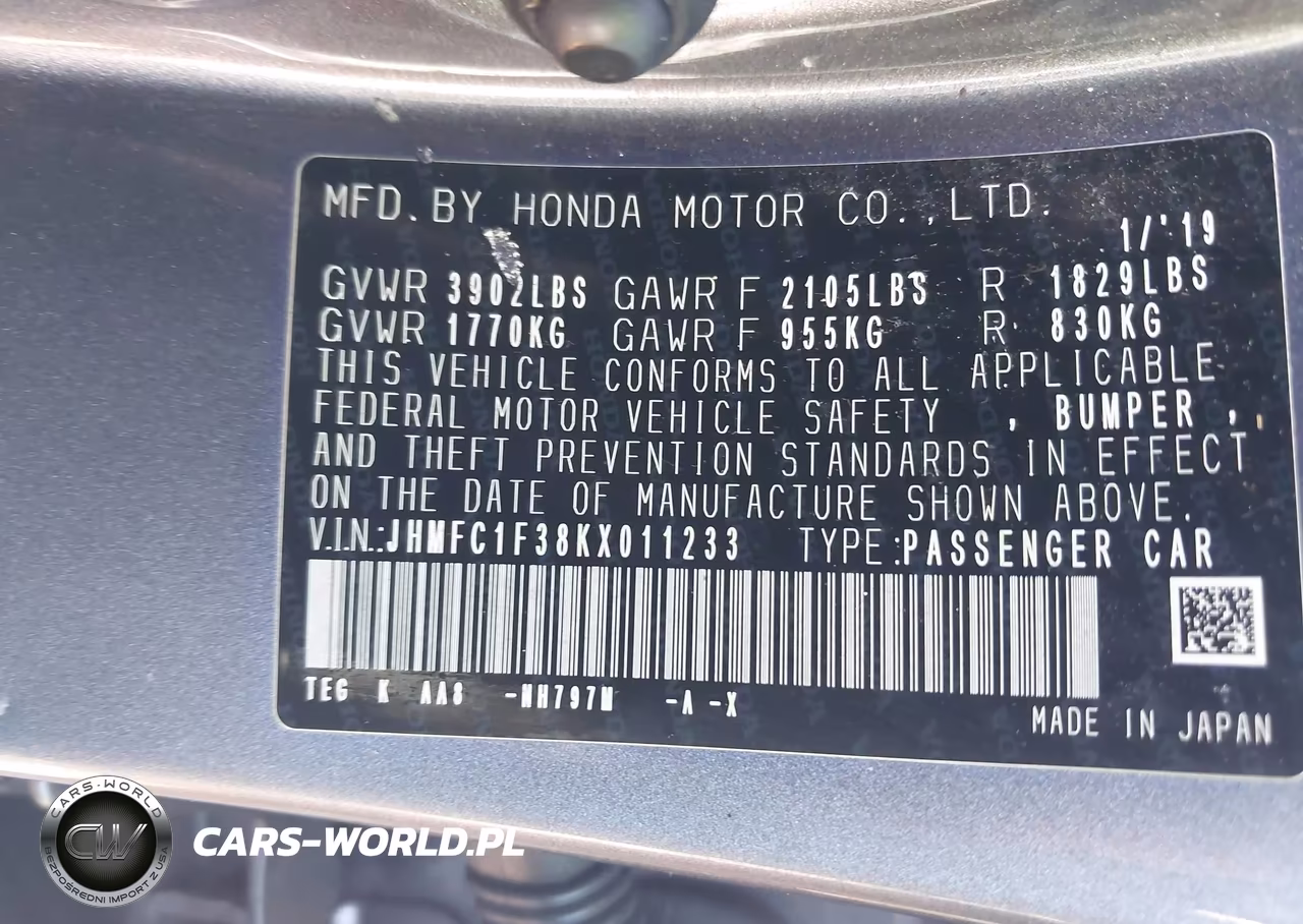 2019 Honda Civic Ex VIN:JHMFC1F38KX011233 - 9