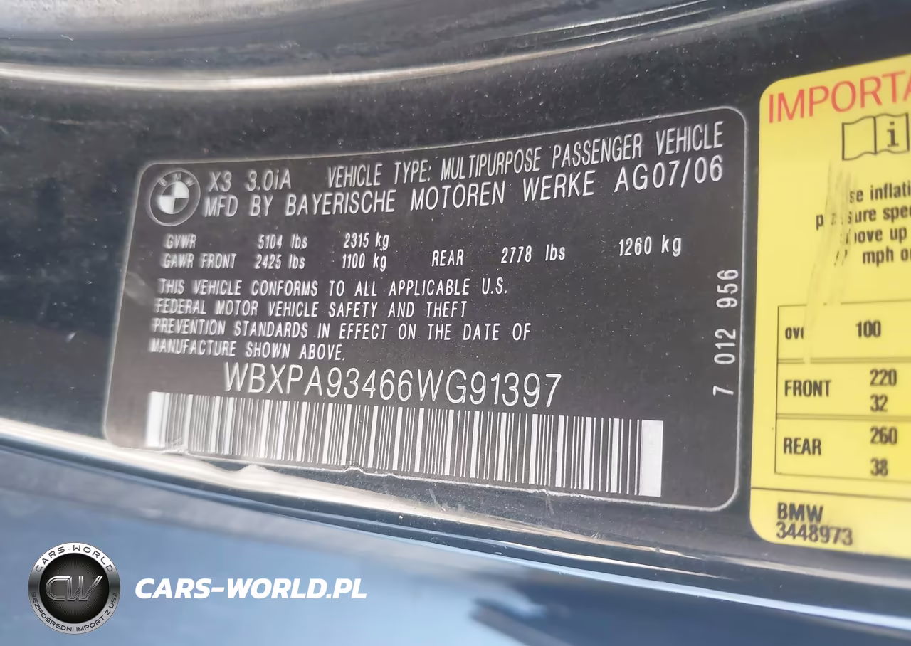 2006 BMW X3 3.0I VIN:WBXPA93466WG91397 - 9
