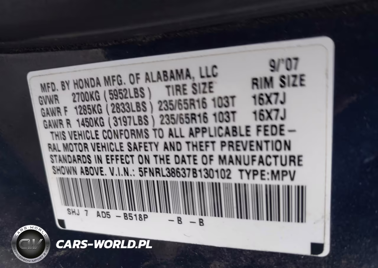 2007 Honda Odyssey Ex-L VIN:5FNRL38637B130102 - 9