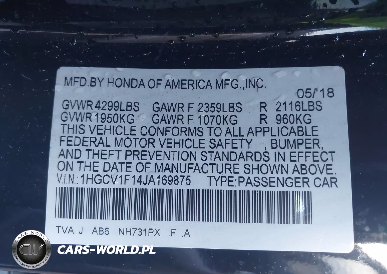 2018 Honda Accord Lx VIN:1HGCV1F14JA169875 - 9