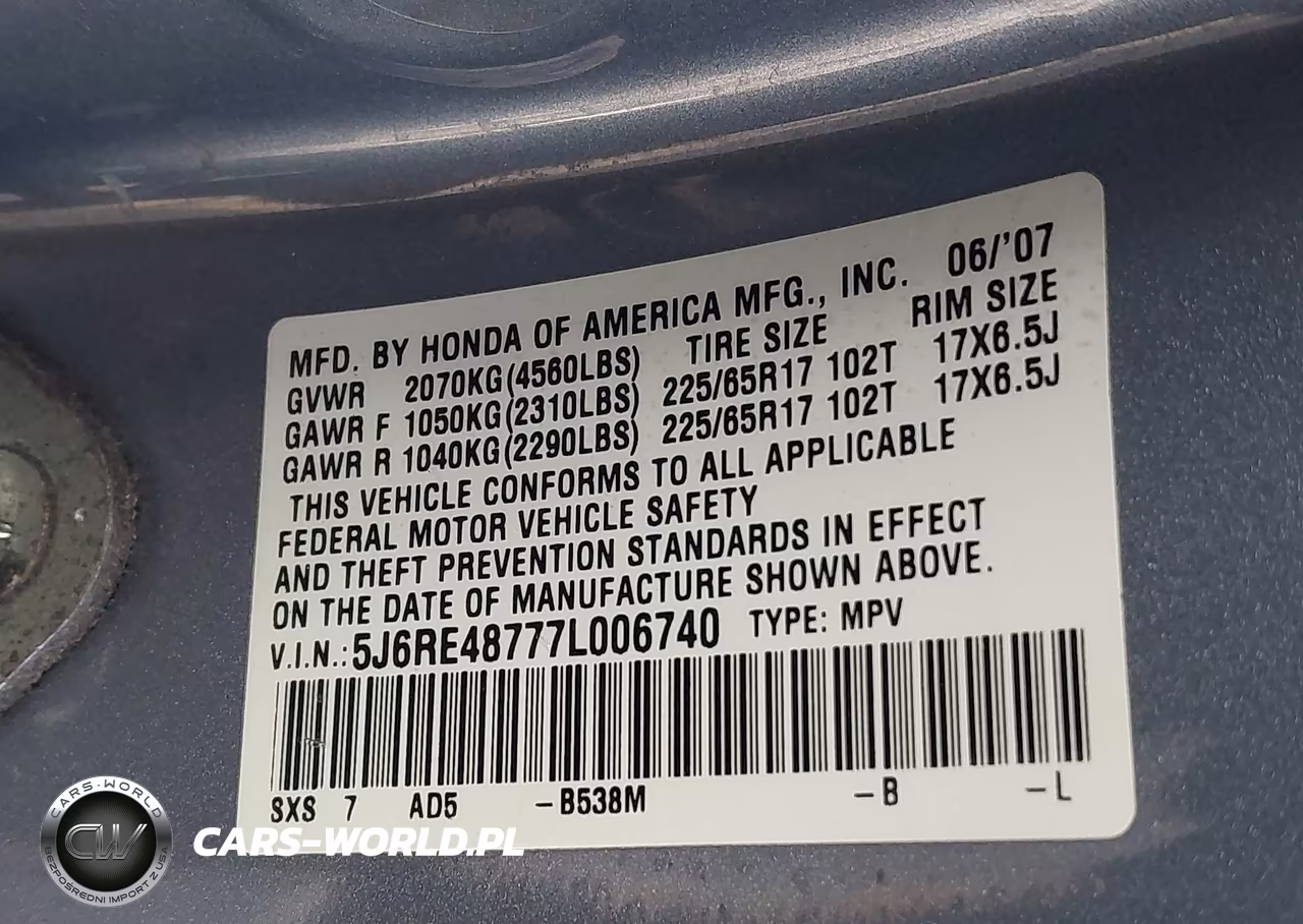 2007 Honda Cr-V Ex-L VIN:5J6RE48777L006740 - 9