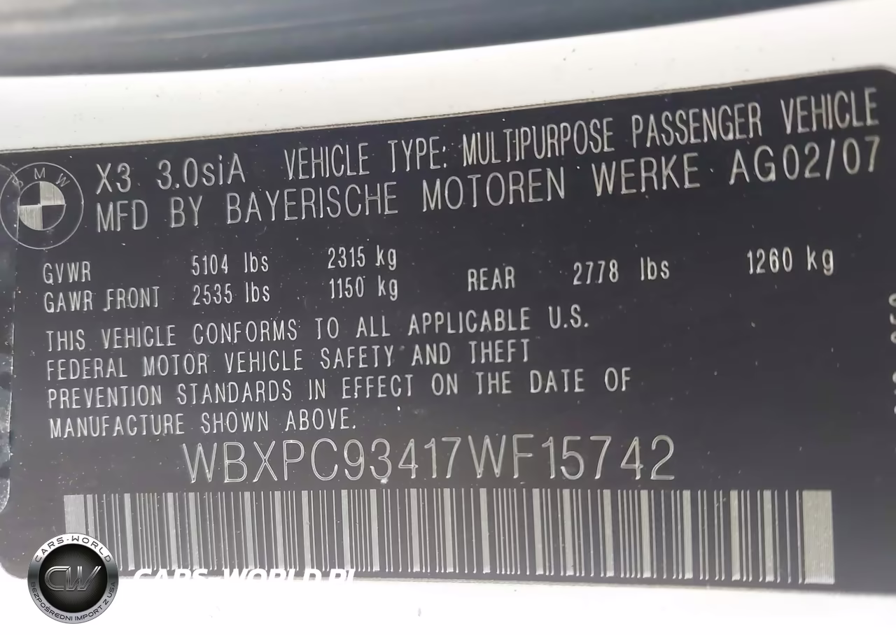2007 BMW X3 3.0Si VIN:WBXPC93417WF15742 - 9