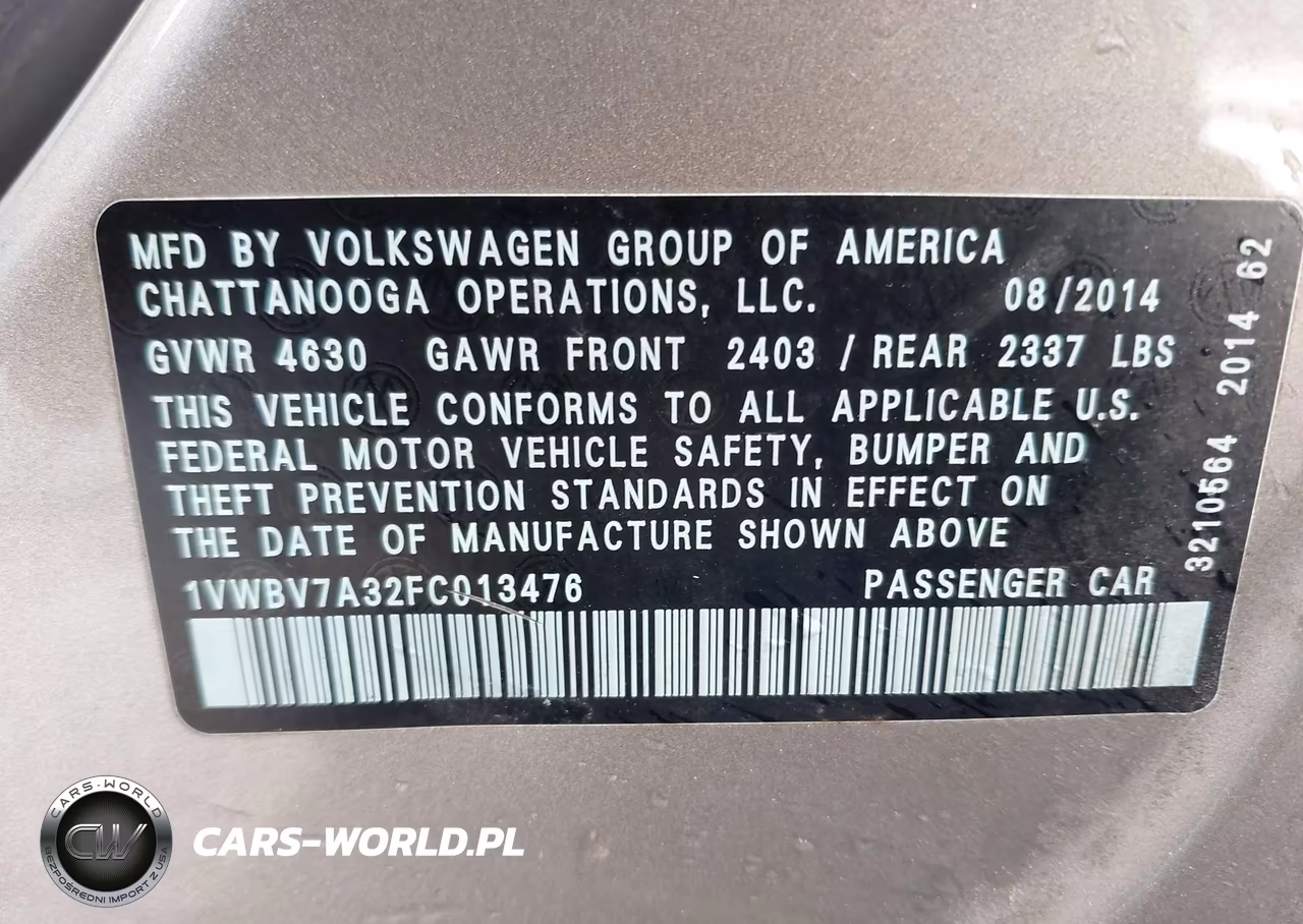 2015 Volkswagen Passat 2.0L Tdi Se VIN:1VWBV7A32FC013476 - 9