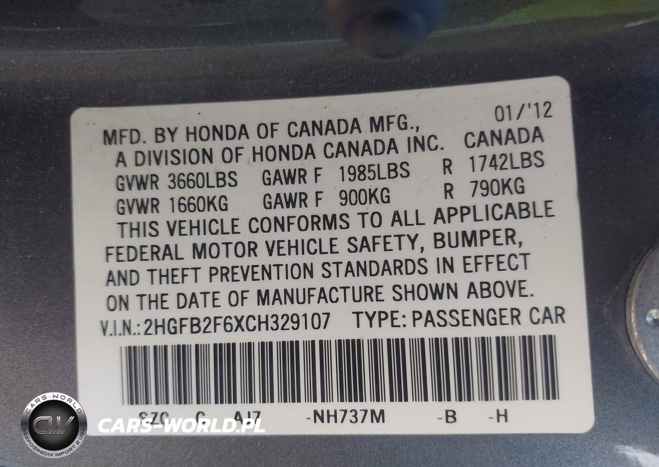 2012 Honda Civic Hf VIN:2HGFB2F6XCH329107 - 9