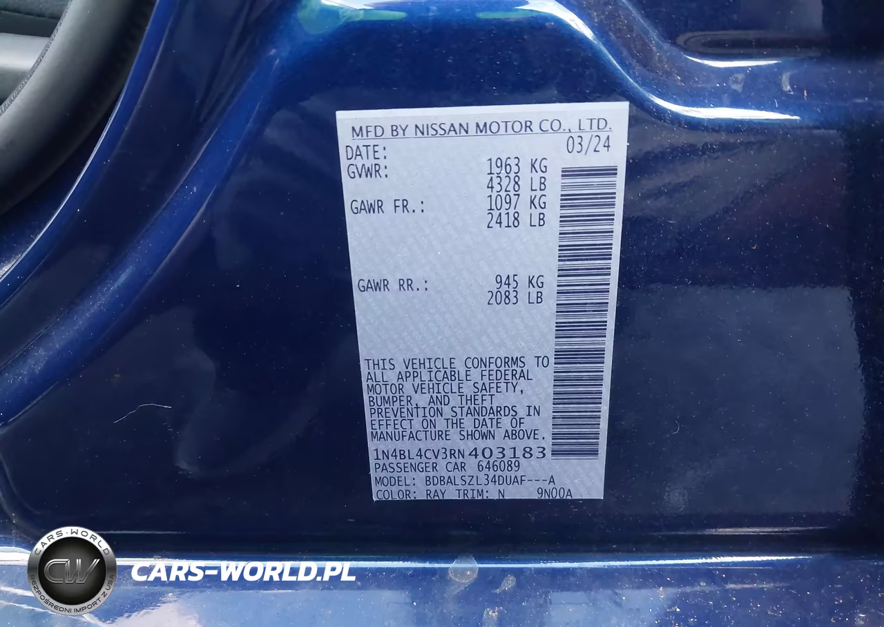 2024 Nissan Altima Sr Fwd VIN:1N4BL4CV3RN403183 - 9