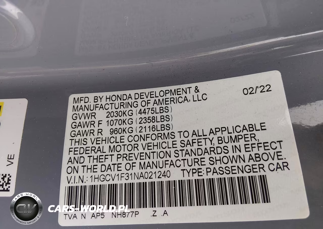 2022 Honda Accord Sport VIN:1HGCV1F31NA021240 - 9