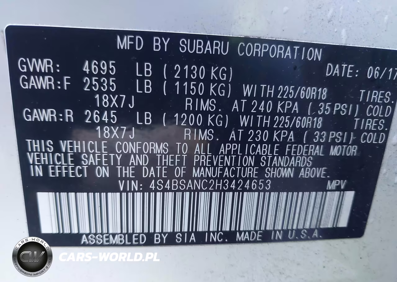 2017 Subaru Outback 2.5I Limited VIN:4S4BSANC2H3424653 - 9