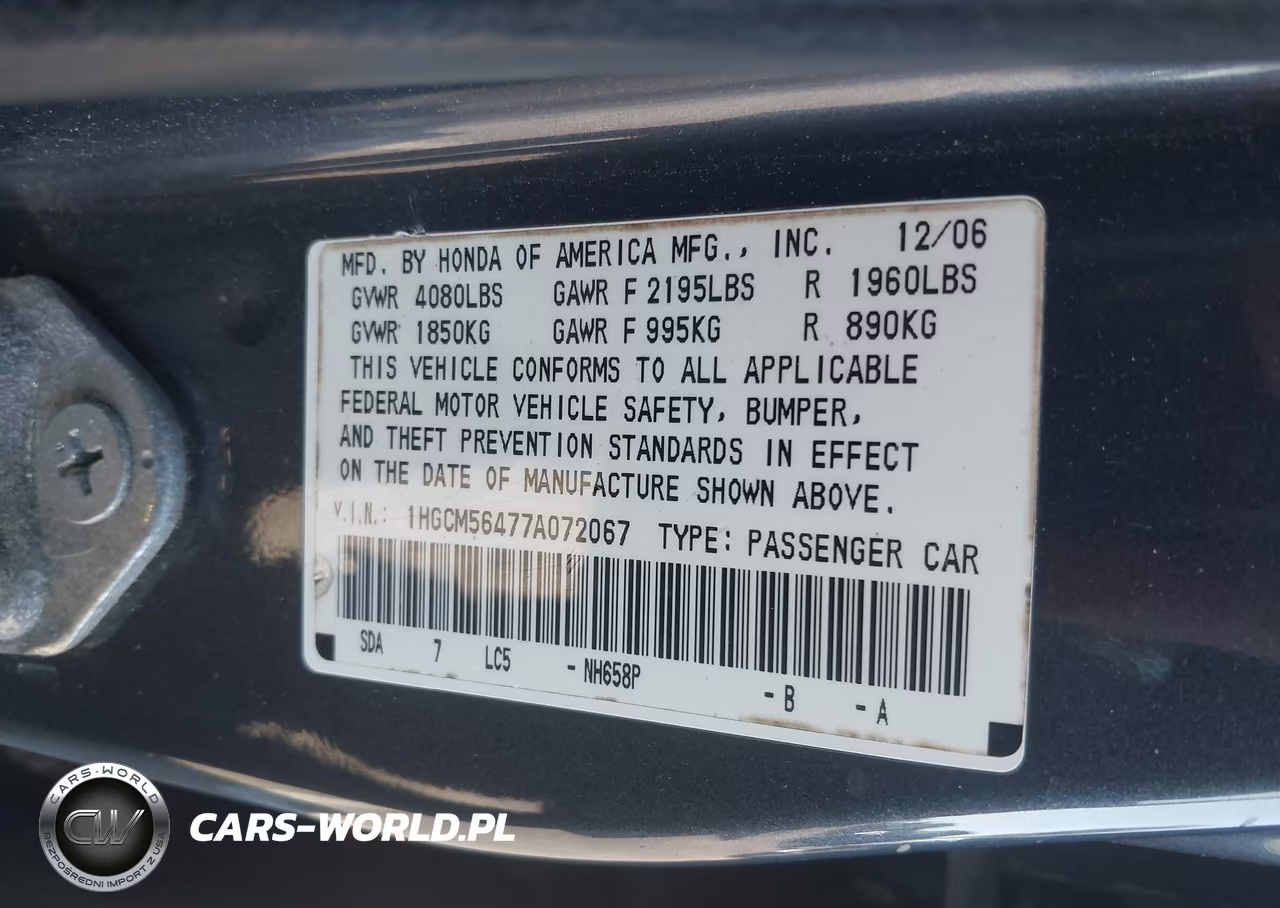 2007 Honda Accord 2.4 Lx VIN:1HGCM56477A072067 - 9