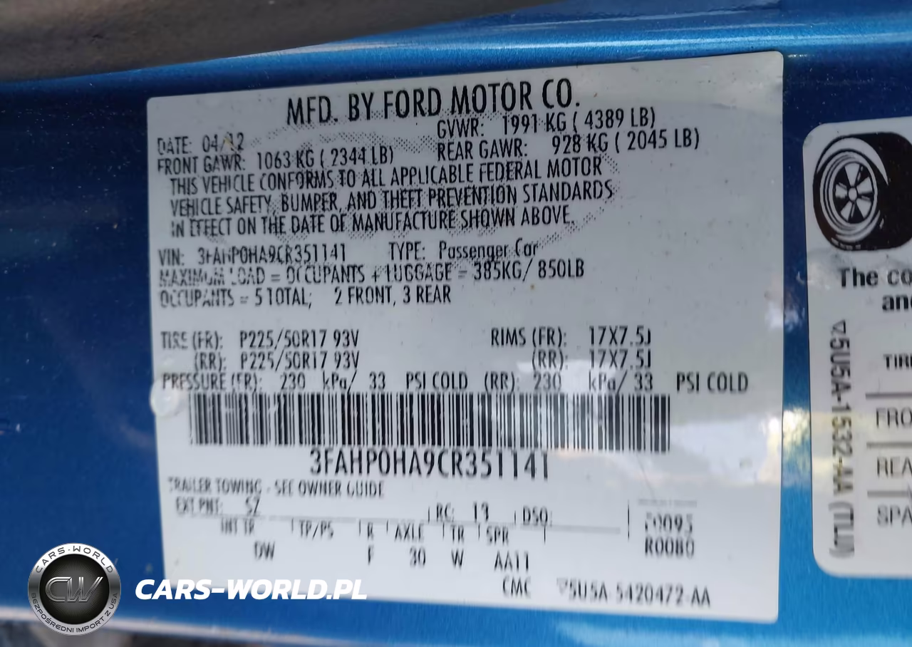 FORD FUSION VIN:3FAHP0HA9CR351141 - 9