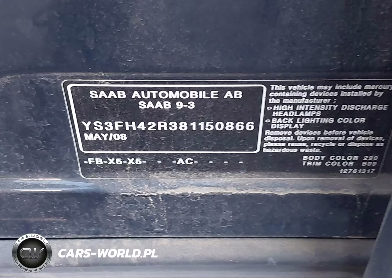 2008 Saab 9-3 Aero VIN:YS3FH42R381150866 - 9