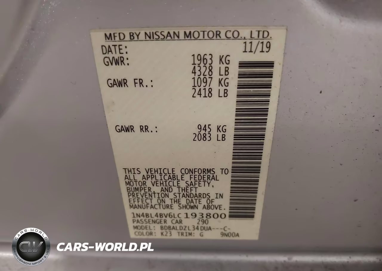 2020 Nissan Altima S Fwd VIN:1N4BL4BV6LC193800 - 9