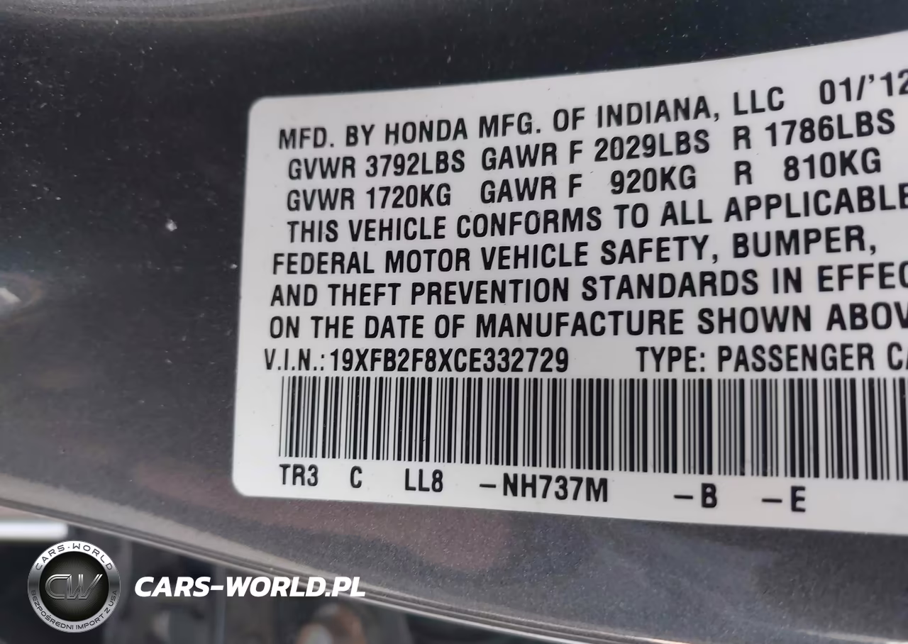 2012 Honda Civic Ex VIN:19XFB2F8XCE332729 - 9