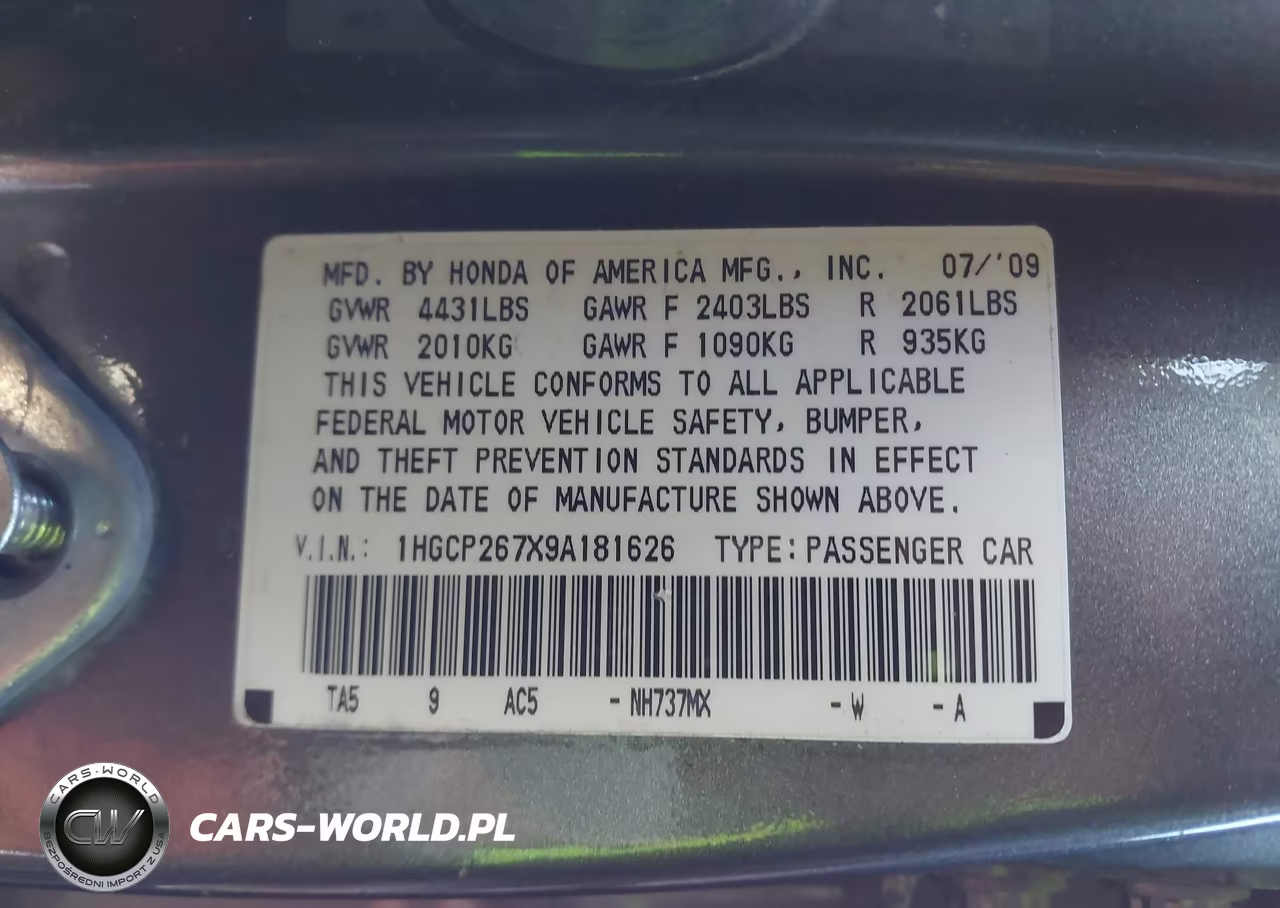 2009 Honda Accord 2.4 Ex VIN:1HGCP267X9A181626 - 9