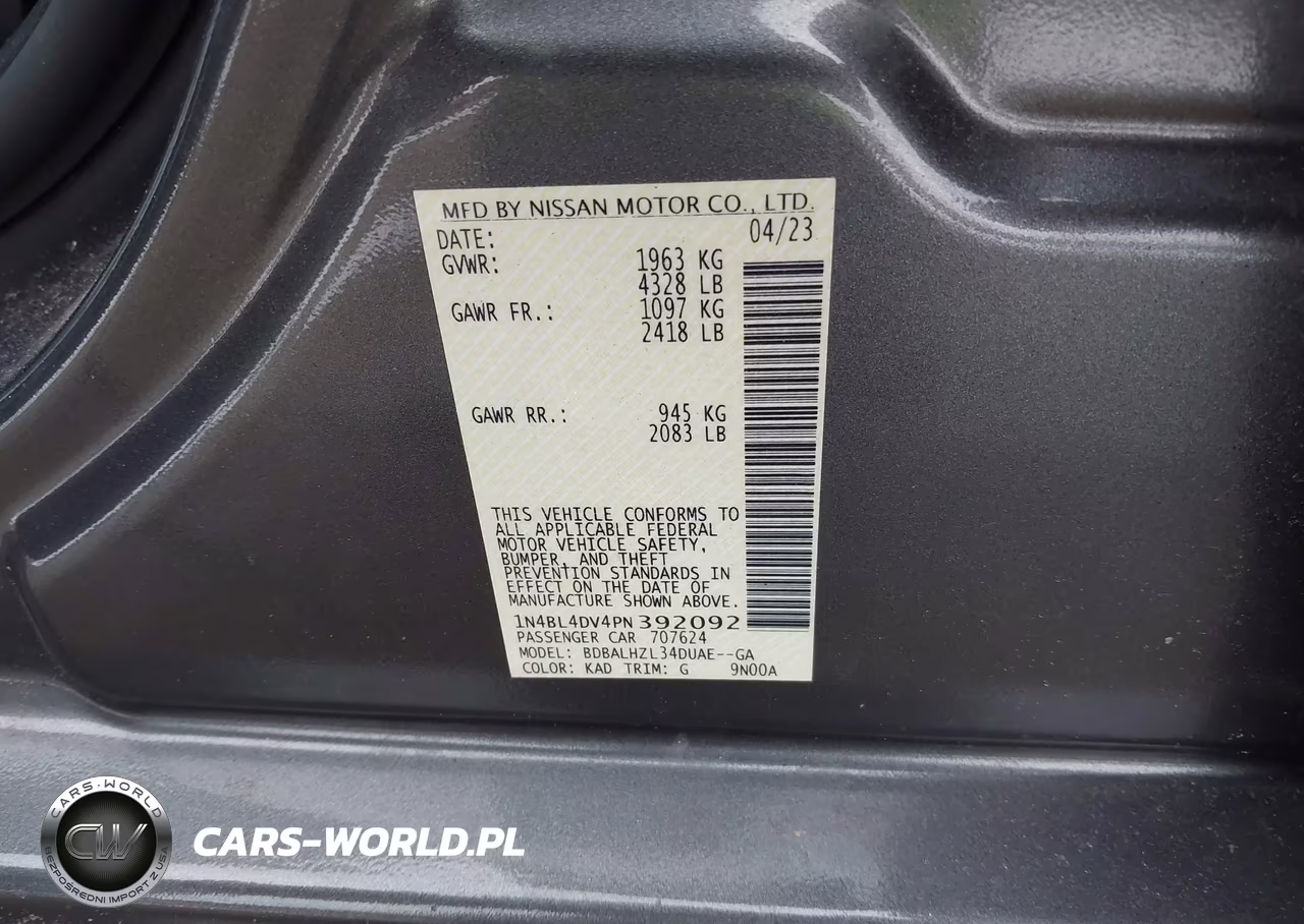 2023 Nissan Altima Sv Fwd VIN:1N4BL4DV4PN392092 - 9