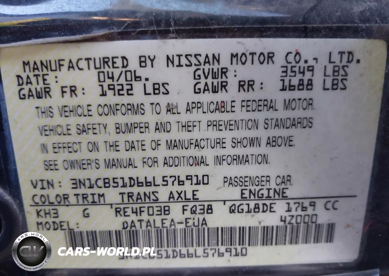 2006 Nissan Sentra 1.8S VIN:3N1CB51D66L576910 - 9