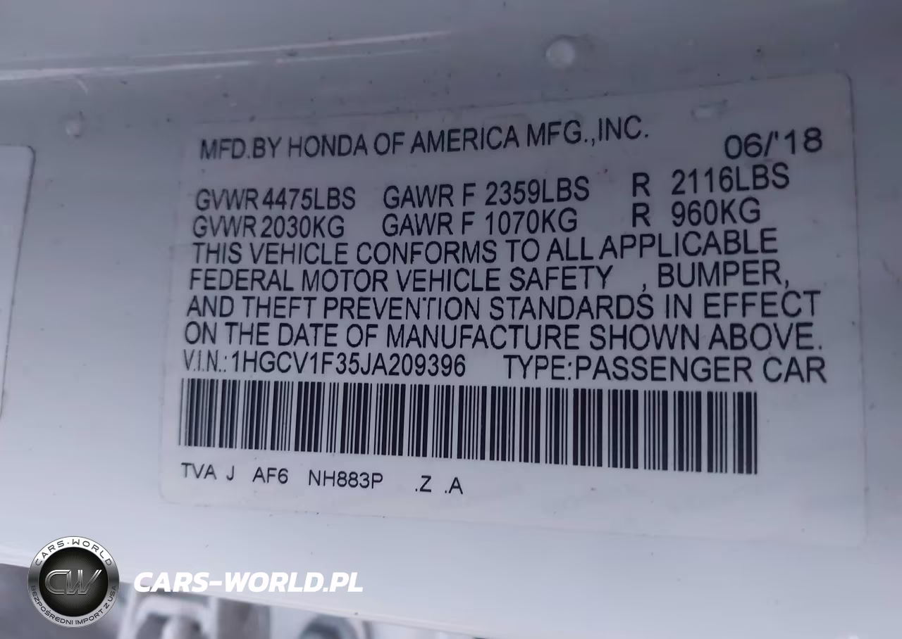 2018 Honda Accord Sport VIN:1HGCV1F35JA209396 - 9