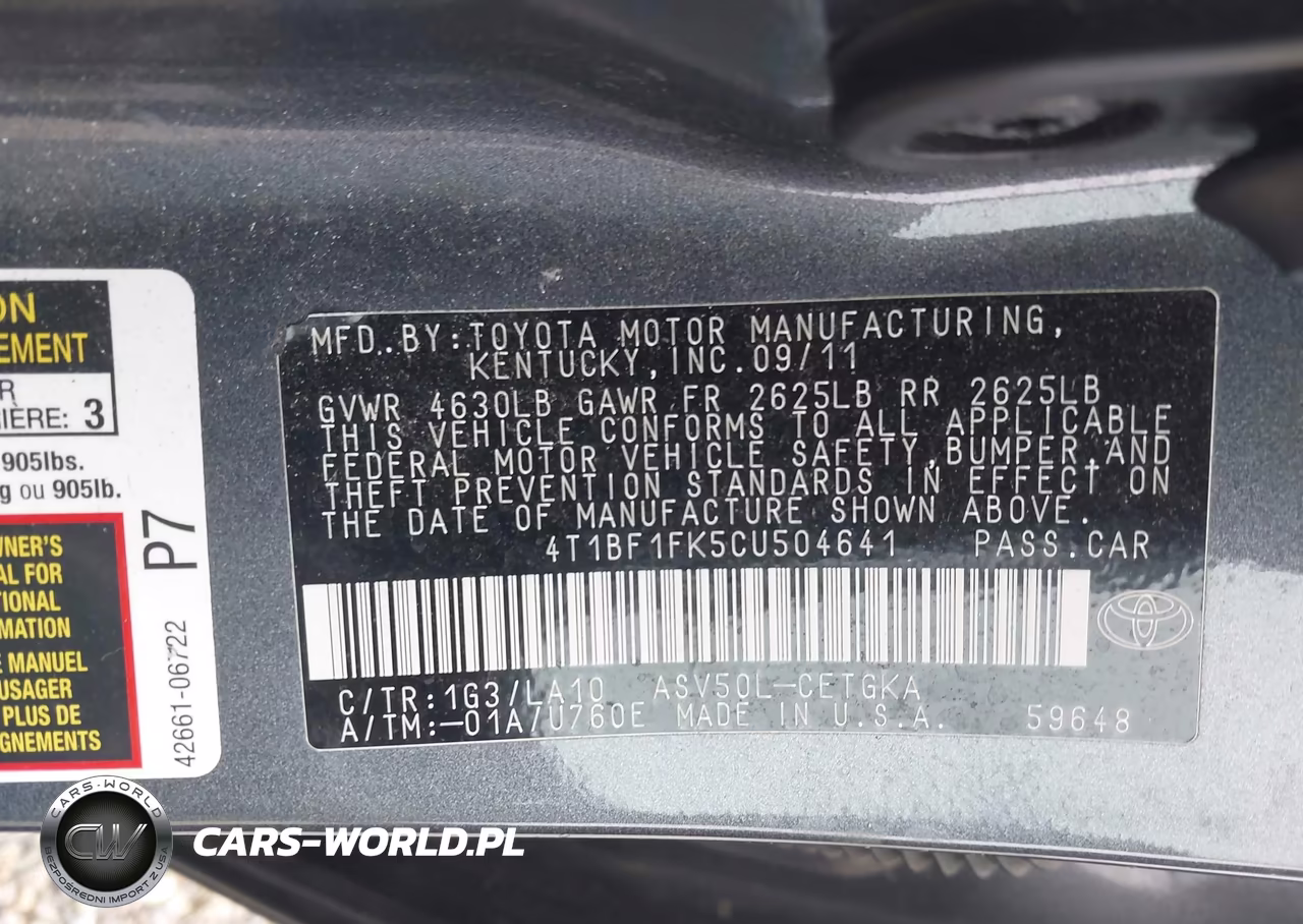 2012 Toyota Camry Xle VIN:4T1BF1FK5CU504641 - 9