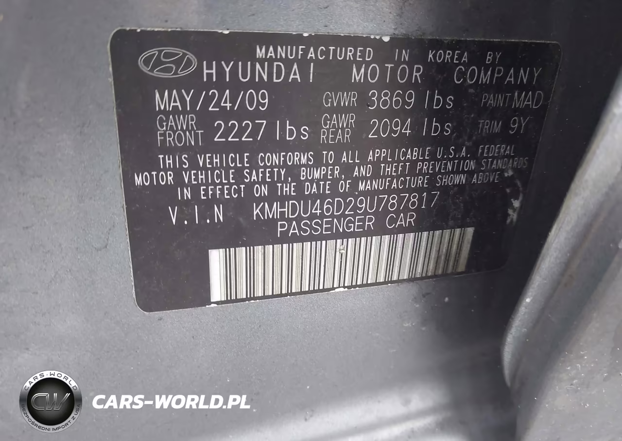2009 Hyundai Elantra Gls VIN:KMHDU46D29U787817 - 9