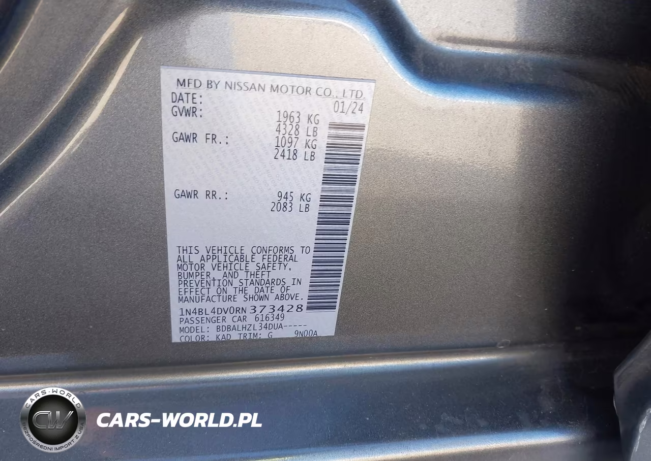 2024 Nissan Altima Sv Fwd VIN:1N4BL4DV0RN373428 - 9