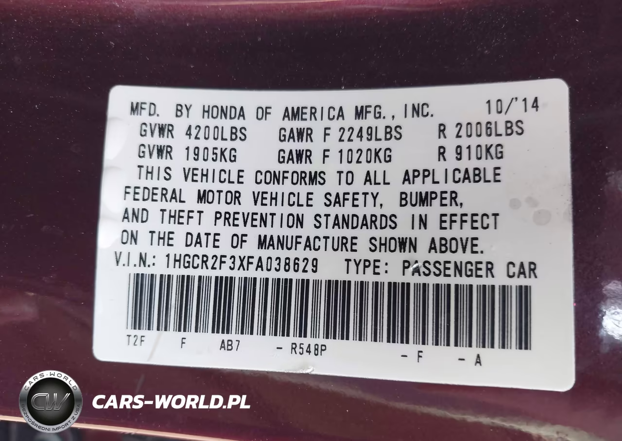 2015 Honda Accord Lx VIN:1HGCR2F3XFA038629 - 9