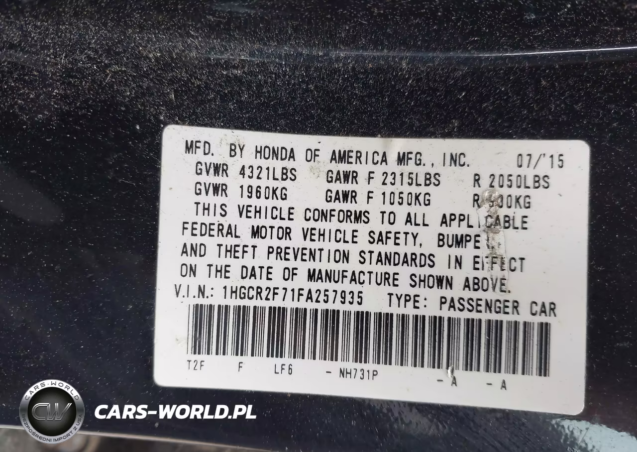 2015 Honda Accord Ex VIN:1HGCR2F71FA257935 - 9