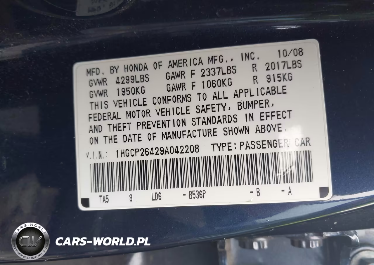 2009 Honda Accord 2.4 Lx-P VIN:1HGCP26429A042208 - 9