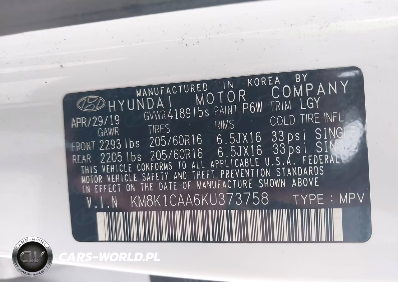 2019 Hyundai Kona Se VIN:KM8K1CAA6KU373758 - 9