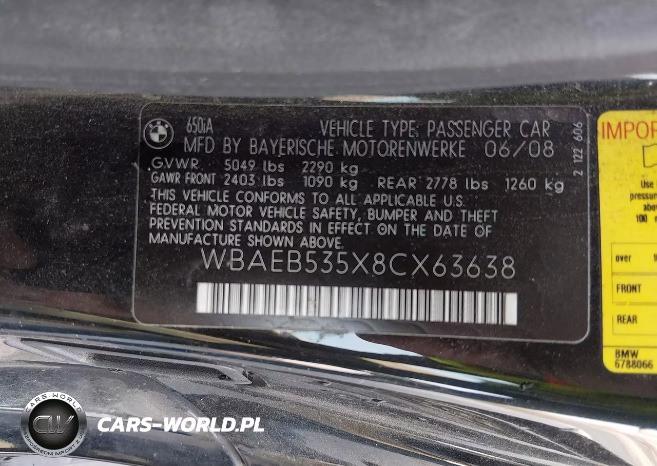 2008 BMW 650I VIN:WBAEB535X8CX63638 - 9