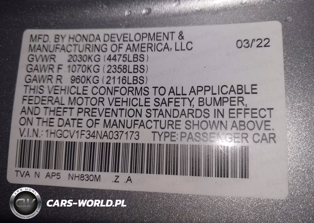 2022 Honda Accord Sport VIN:1HGCV1F34NA037173 - 9
