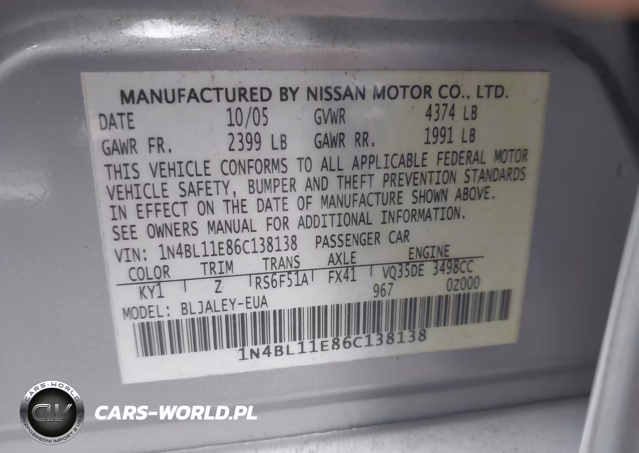 2006 Nissan Altima 3.5 Se-R VIN:1N4BL11E86C138138 - 9
