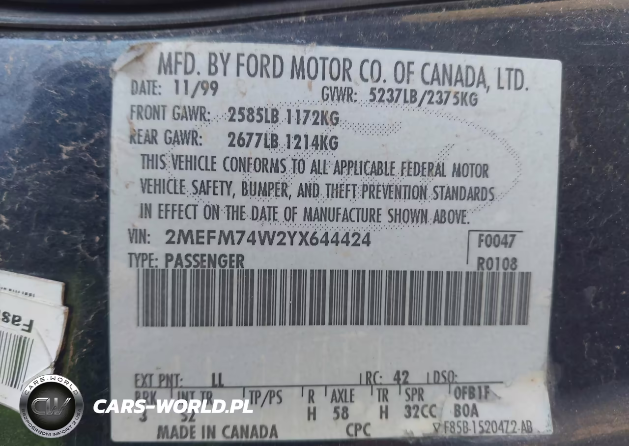 2000 Mercury Grand Marquis Gs VIN:2MEFM74W2YX644424 - 9