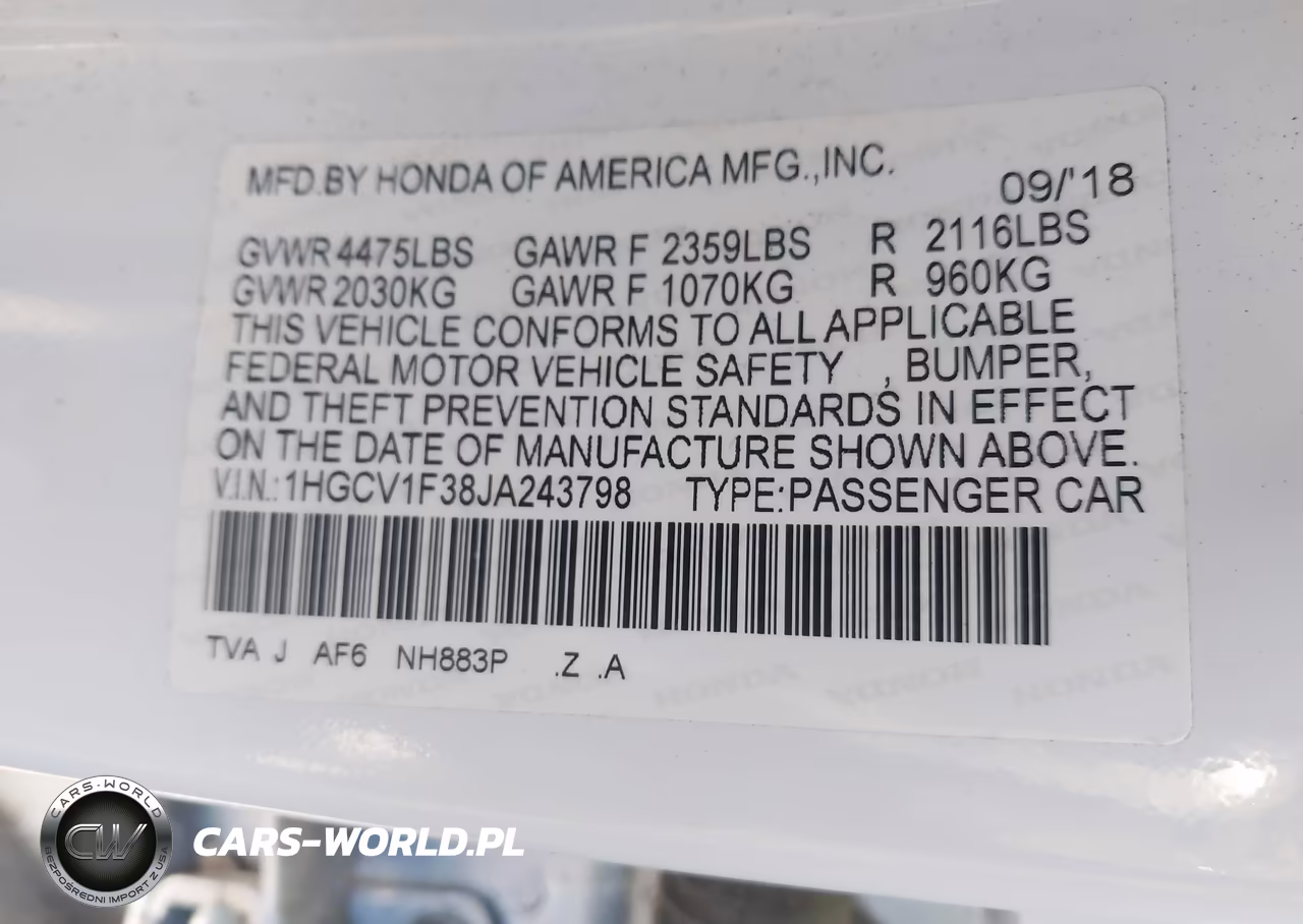 2018 Honda Accord Sport VIN:1HGCV1F38JA243798 - 9