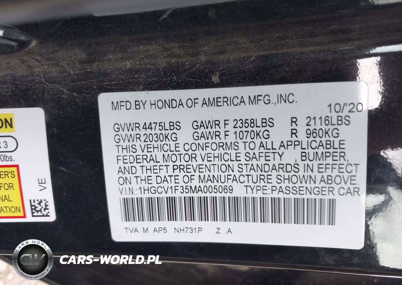 2021 Honda Accord Sport VIN:1HGCV1F35MA005069 - 9