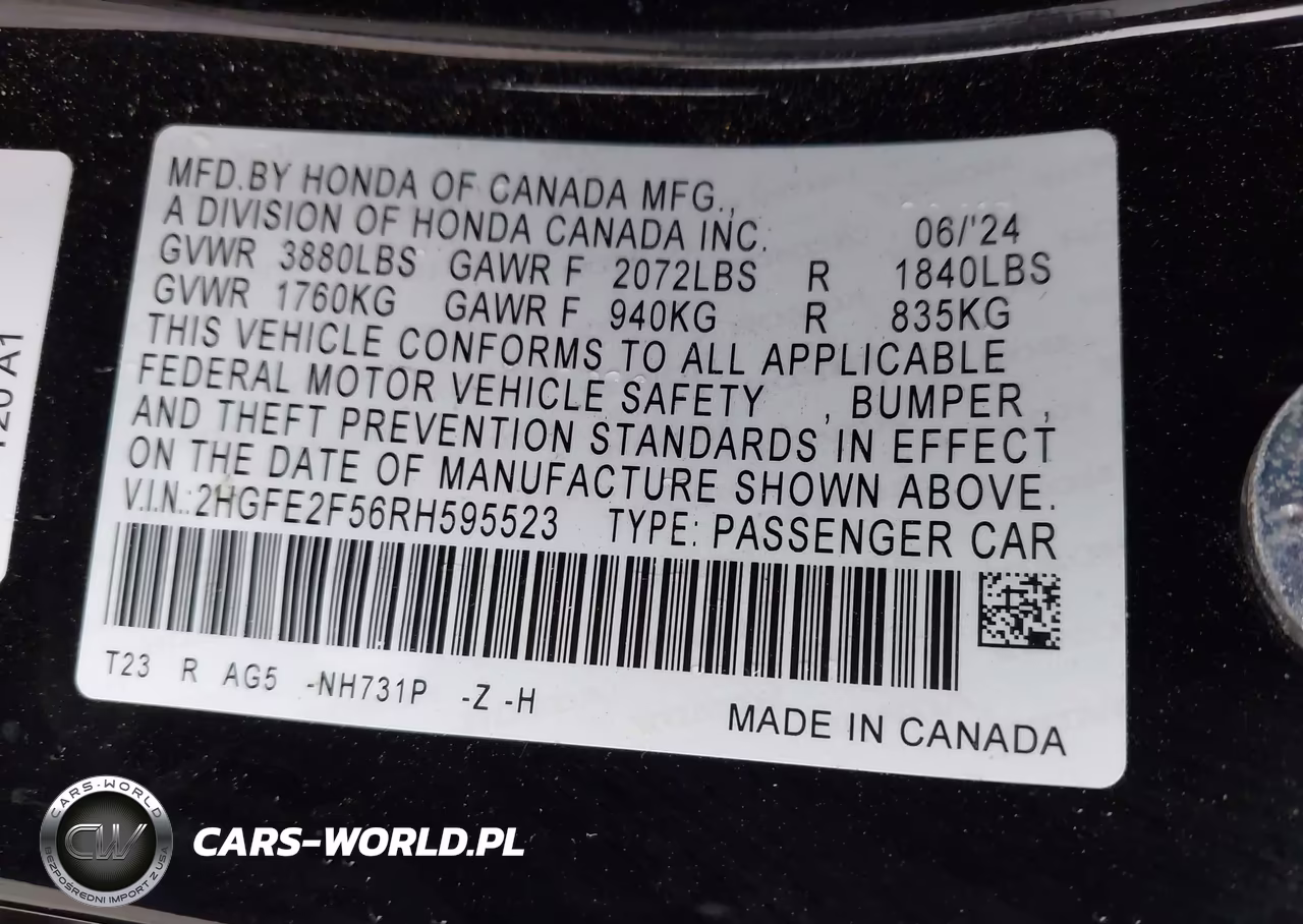 2024 Honda Civic Sport VIN:2HGFE2F56RH595523 - 9