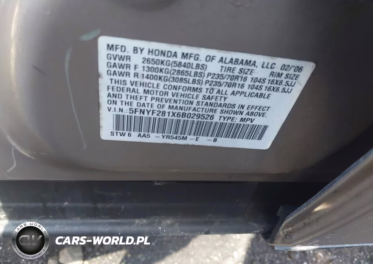 2006 Honda Pilot Lx VIN:5FNYF281X6B029526 - 9