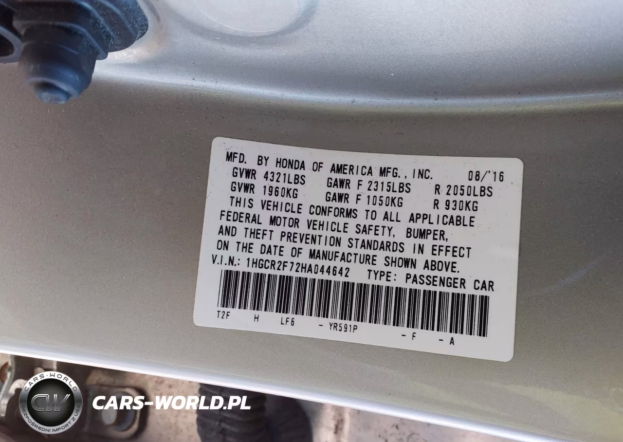 2017 Honda Accord Ex VIN:1HGCR2F72HA044642 - 9