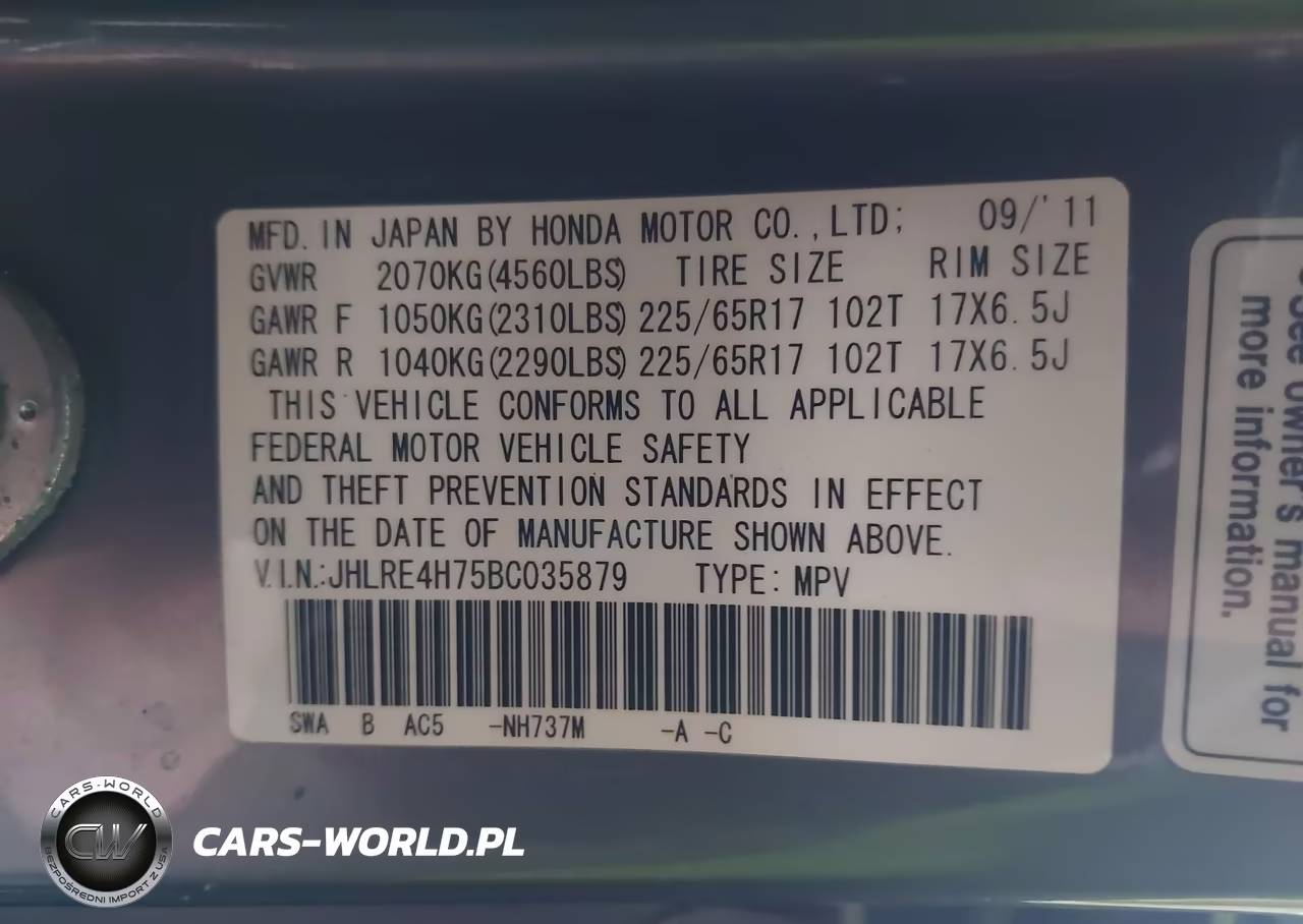 2011 Honda Cr-V Exl VIN:JHLRE4H75BC035879 - 9